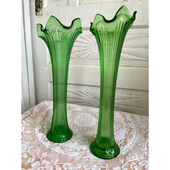 Vintage MCM Pair Ribbed Green Glass Swung Fluted Vases 12"